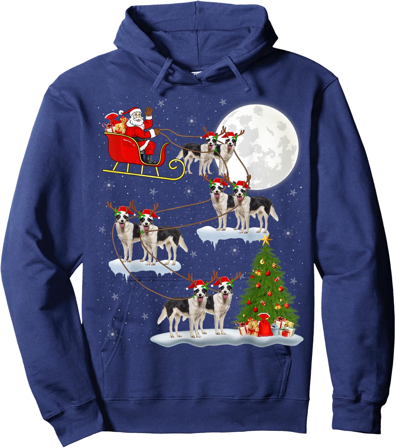 Xmas Lighting Tree Santa Riding Border Collie Christmas Hoodie - Hoodie | Navy