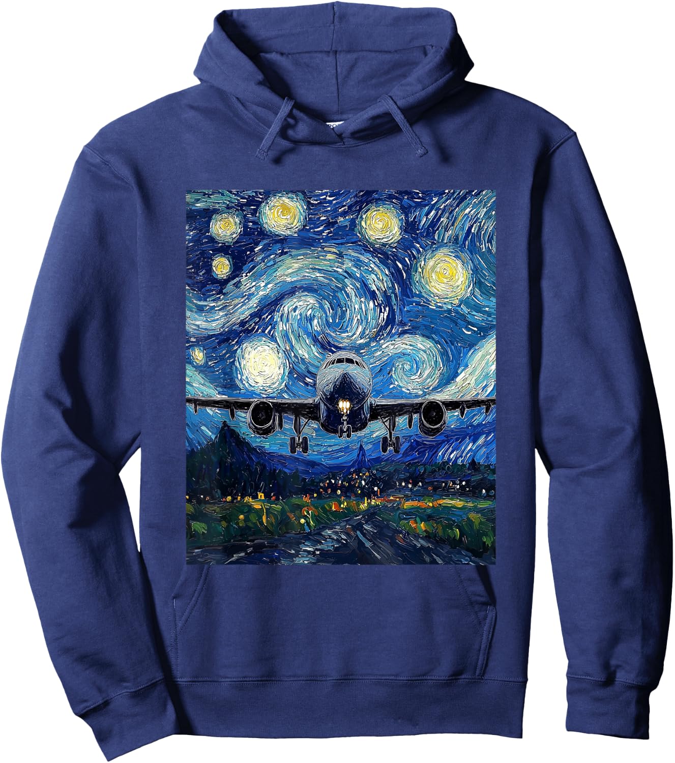 Airplane Flight Pilot Van Gogh Style Starry Night Graphic Hoodie - Hoodie | Navy