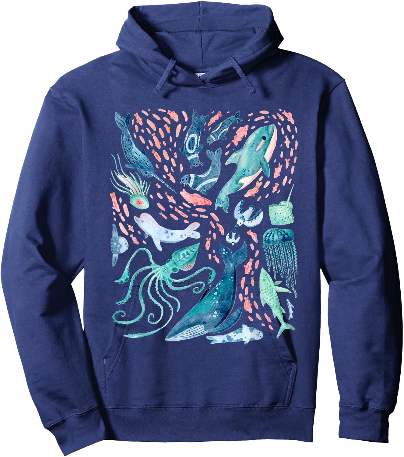 Watercolor Arctic Whales Fish Beluga Narwhal Squid Jellyfish Hoodie - Hoodie | Navy