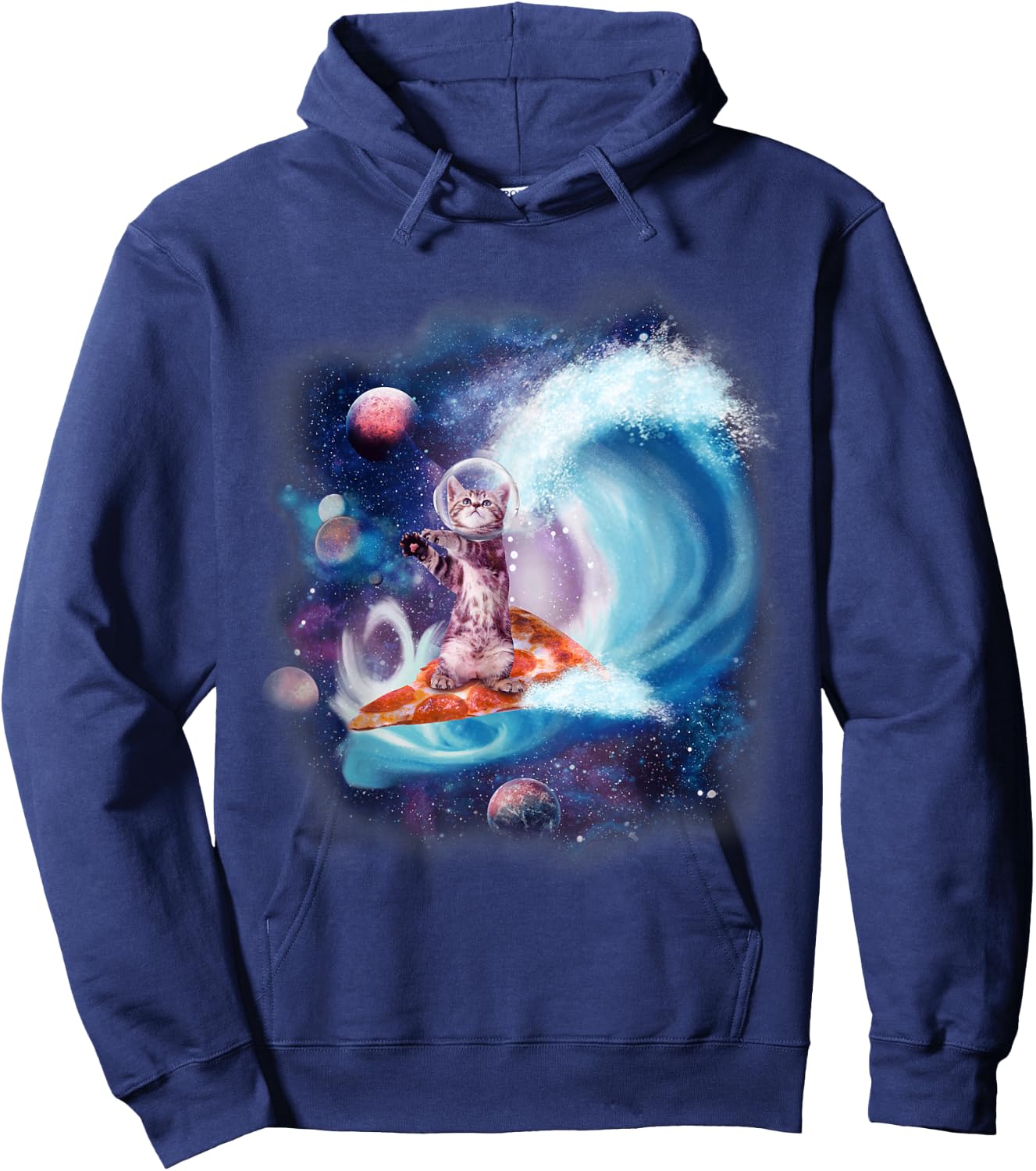 Cat Wearing Helmet Surfing On Pizza Surfboard Funny Men Women Kids Hoodie - Hoodie | Navy