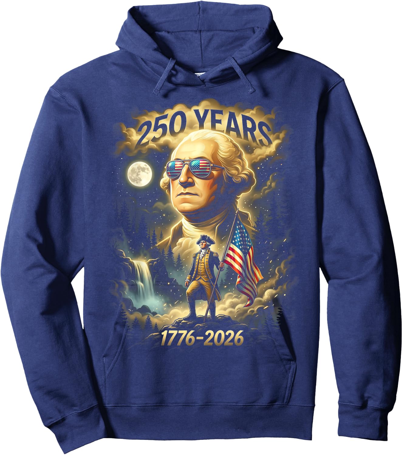 250 Years George Washington Howling Moon American Flag Hoodie - Hoodie | Navy