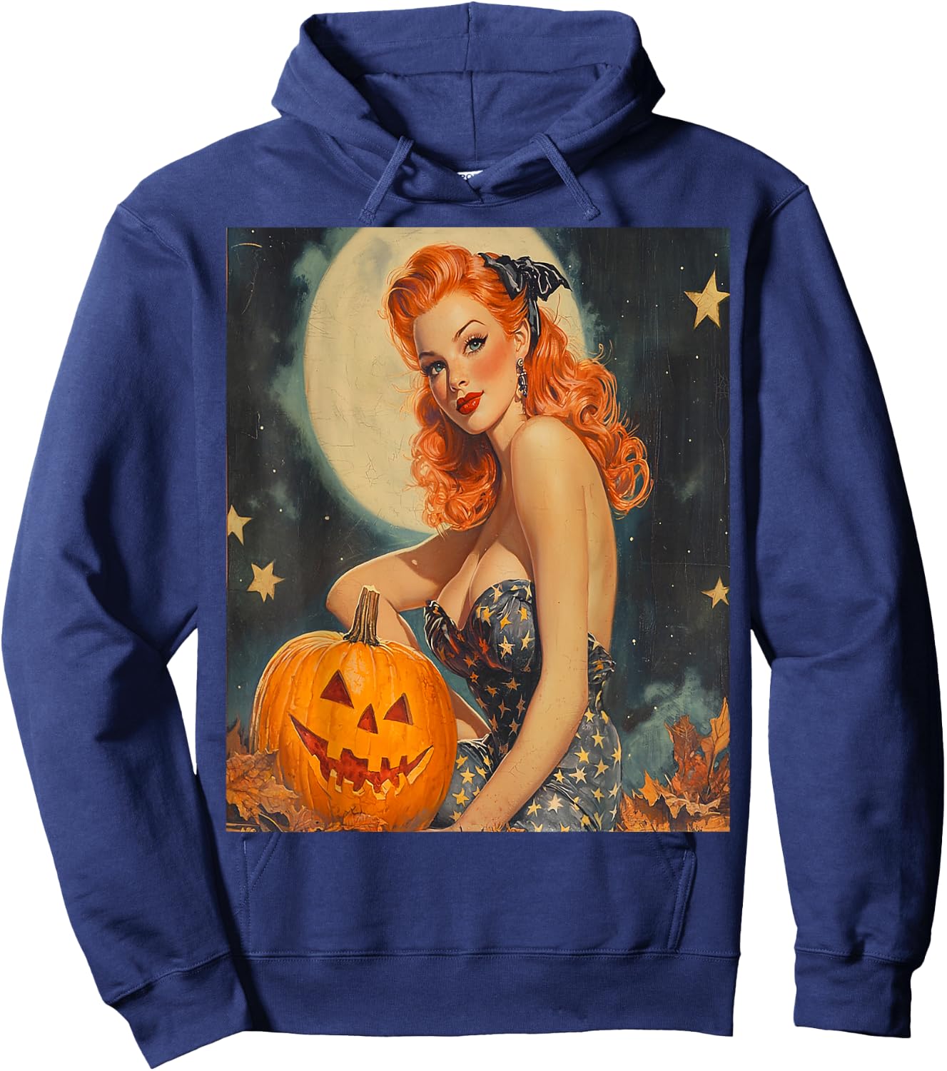 Retro Vintage Pumpkin Halloween Pinup Girl Model Posing Art Hoodie - Hoodie | Navy