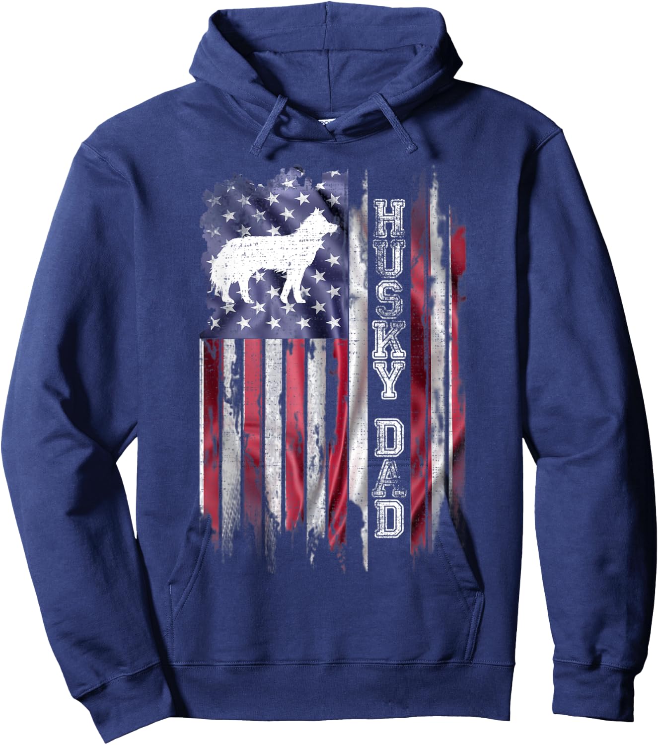 Vintage USA Flag Proud Siberian Husky Dog Dad Silhouette Hoodie - Hoodie | Navy