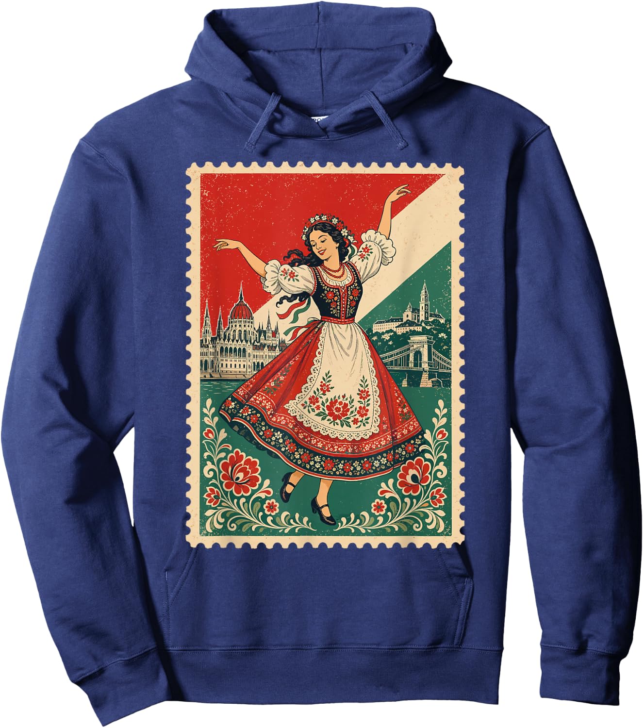 Vintage Hungary Flag Stamp Hungarian Folk Dancer Design Hoodie - Hoodie | Navy