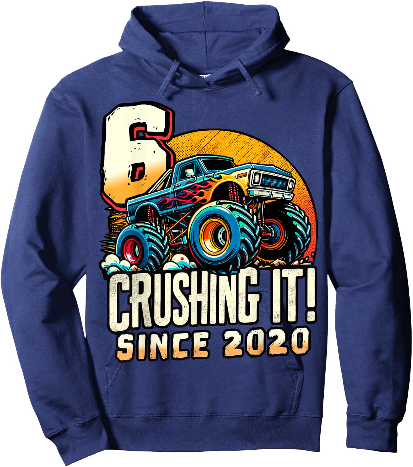 Birthday Monster Truck 6 Year Old Boys 6th Party Born 2020 Hoodie - Hoodie | Navy