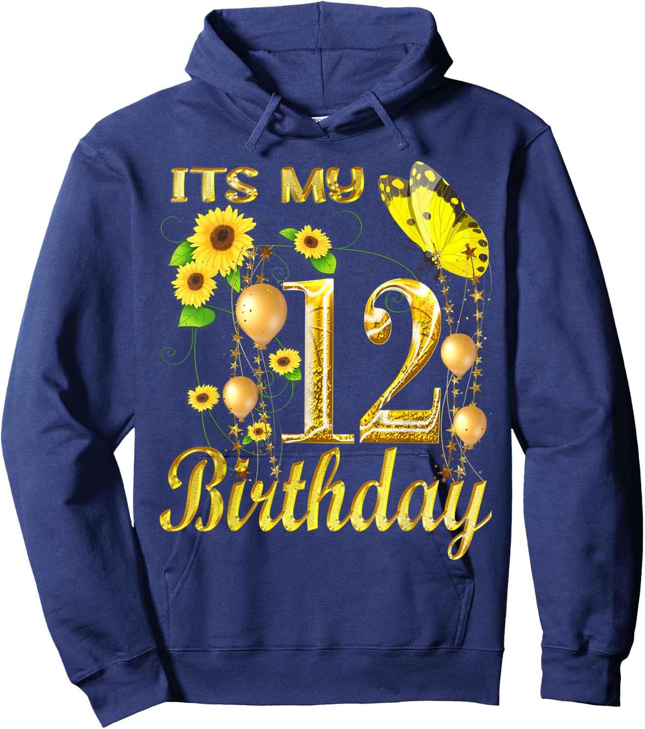Its My 12th Birthday 12 Year Old Girl Sunflower Butterfly Hoodie - Hoodie | Navy
