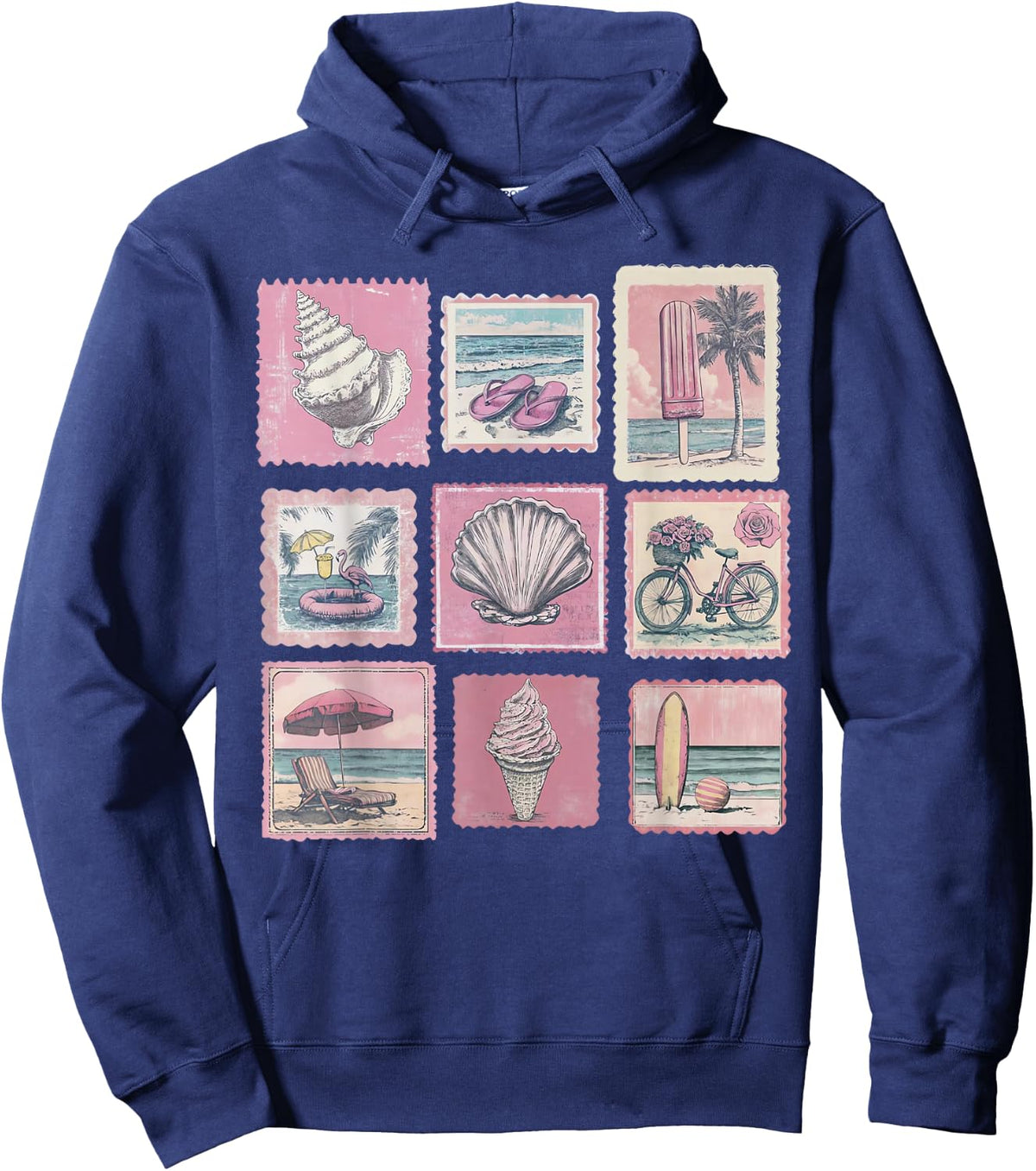 Vintage Pink Coastal Beach Summer Vacation Stamps Sea Lovers Hoodie - Hoodie | Navy