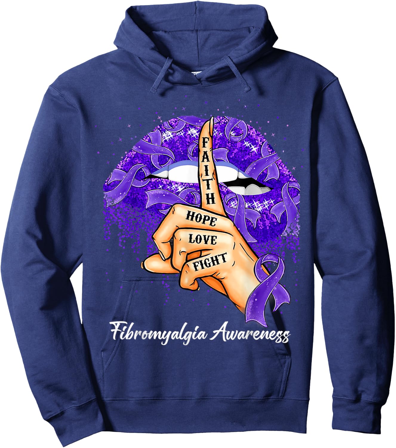Faith Hope Love Fight Purple Ribbon Fibromyalgia Awareness Hoodie - Hoodie | Navy