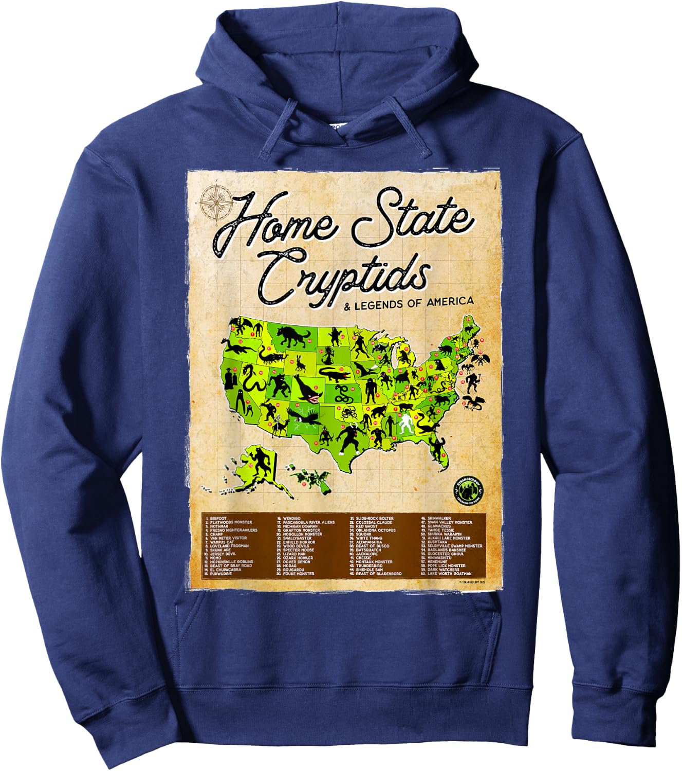 Home State Cryptids & Legends of America Cryptozoology Map Hoodie - Hoodie | Navy