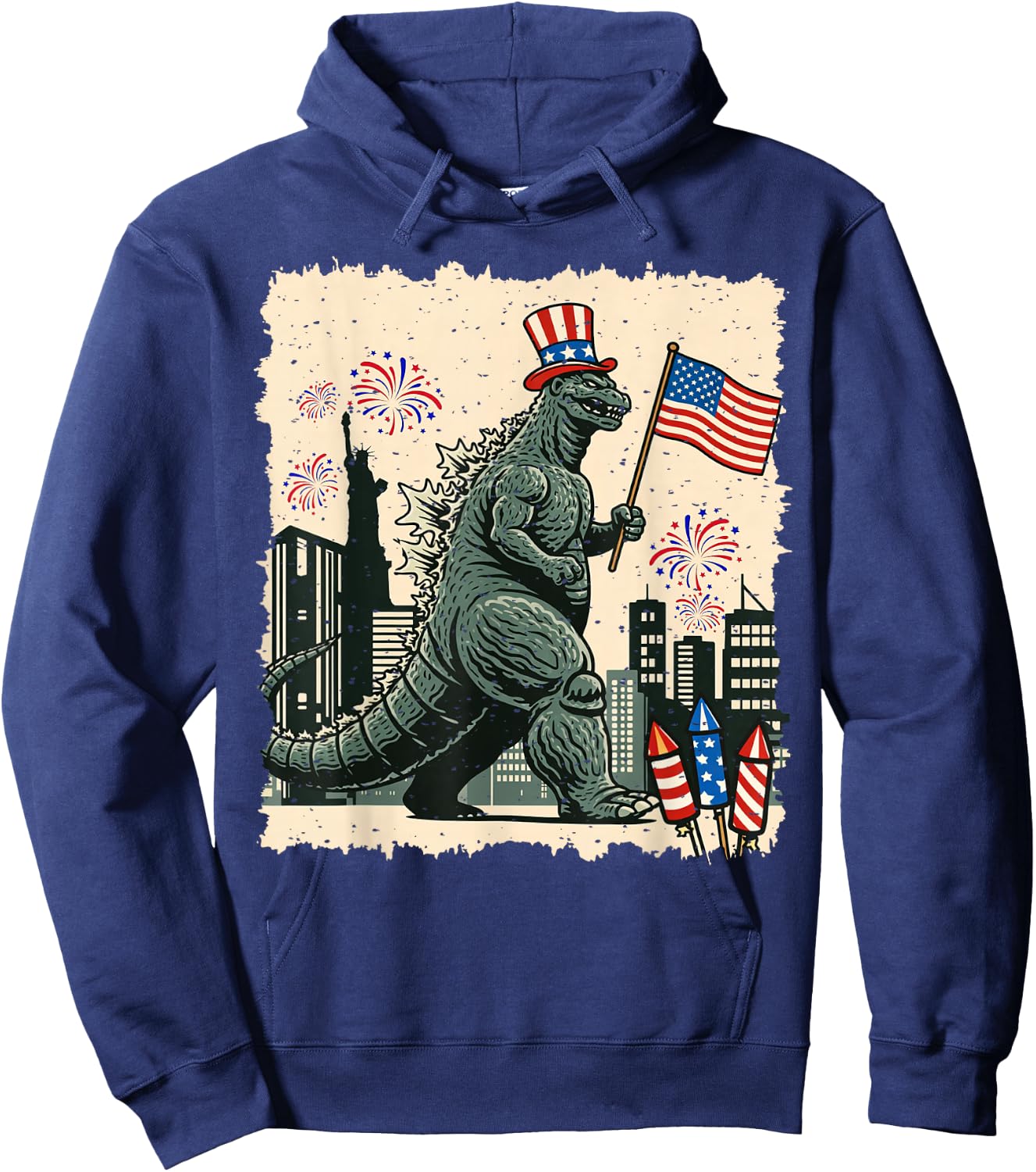 Kaiju Monster Japanese Art USA Flag Patriotic 4th of July Hoodie - Hoodie | Navy
