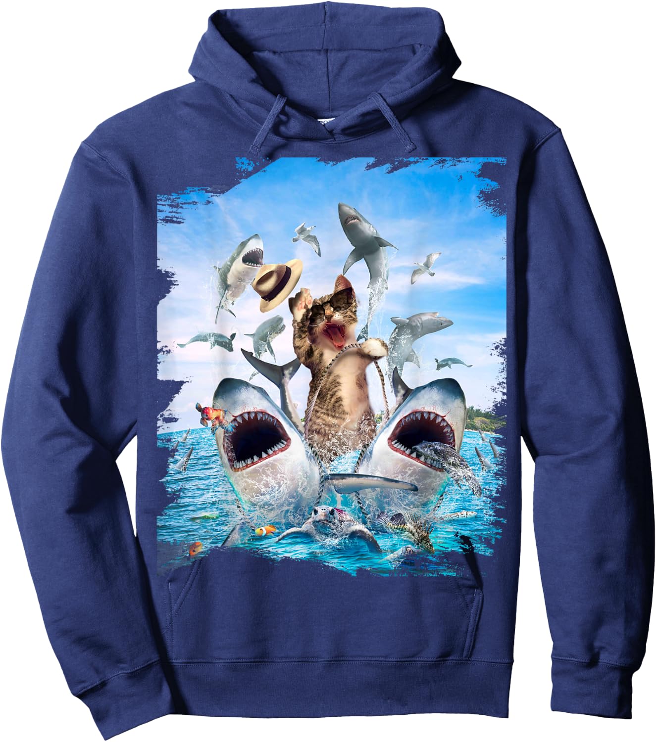Cat Riding Shark, Beach Ocean Cats Sharks, Sunglasses Funny Hoodie - Hoodie | Navy