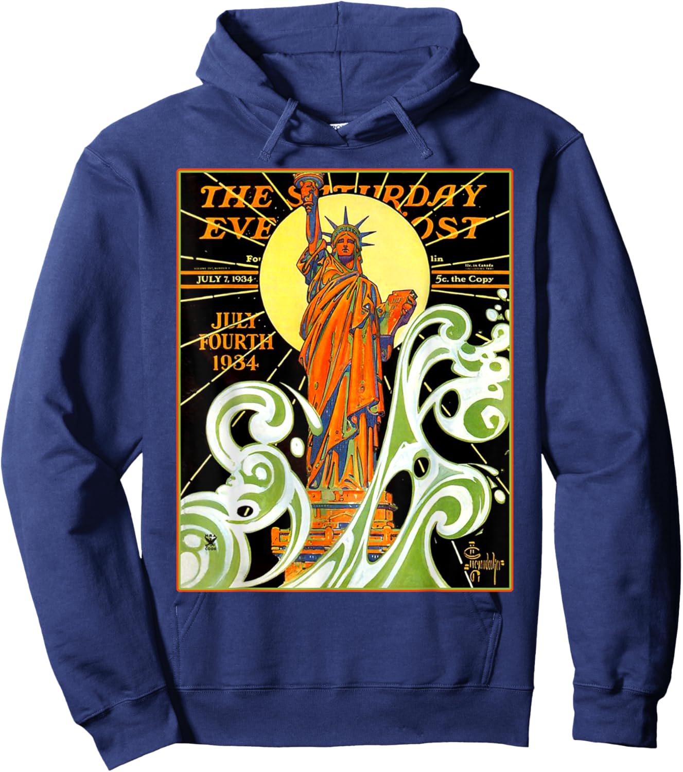 Lady Liberty Statue Of Liberty Waves NYC New York Vintage Hoodie - Hoodie | Navy