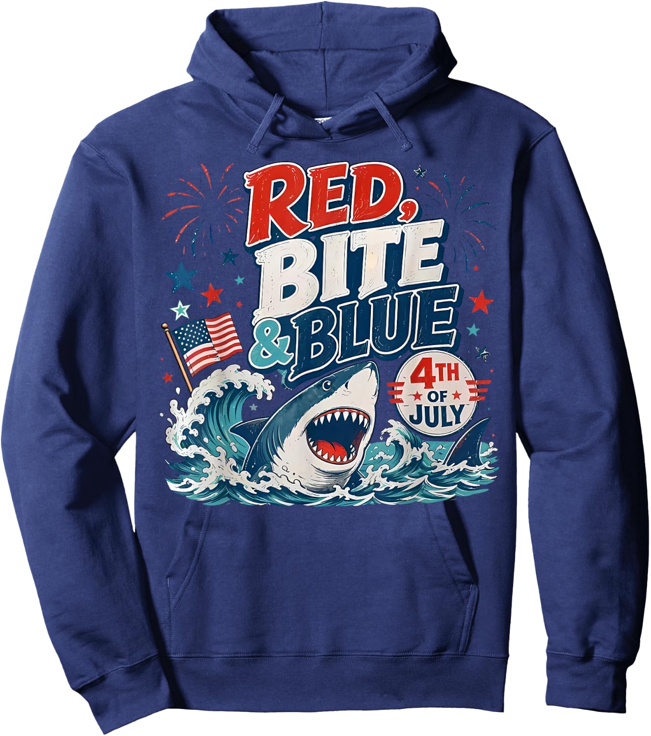 Red Bite & Blue Shark Funny 4th of July Patriotic Summer Hoodie - Hoodie | Navy