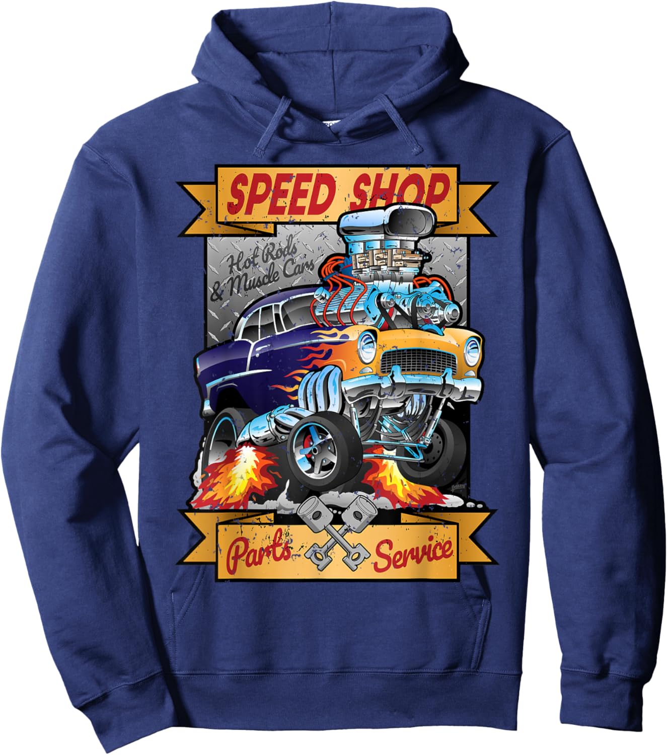 Retro Speed Shop Hotrod Classic Muscle Car Cartoon Graphic Hoodie - Hoodie | Navy