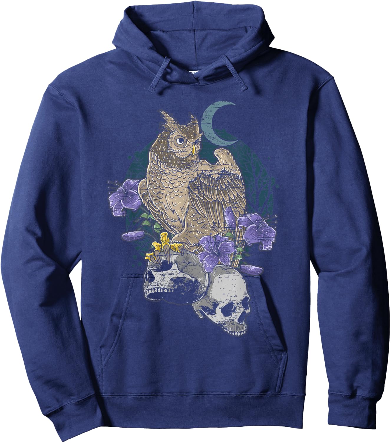 Owl on Skulls with Purple Flowers & Moon Distressed Design Hoodie - Hoodie | Navy