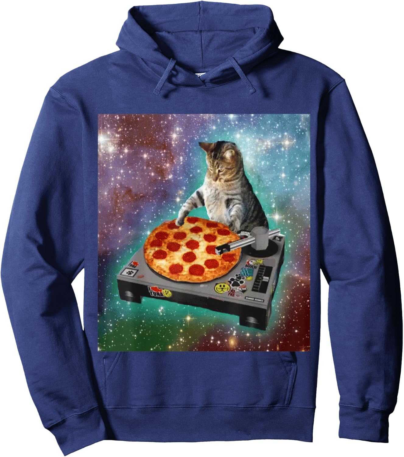 Outer Space Galaxy Universe Cat Pizza DJ Funny Cute Cosmic Hoodie - Hoodie | Navy