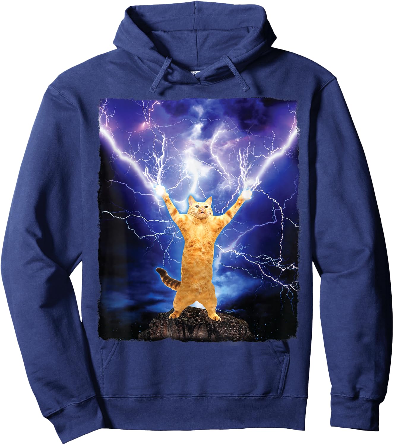 Cat Merch Funny Cat Lightning Thunderbolt On Mountain Hoodie - Hoodie | Navy