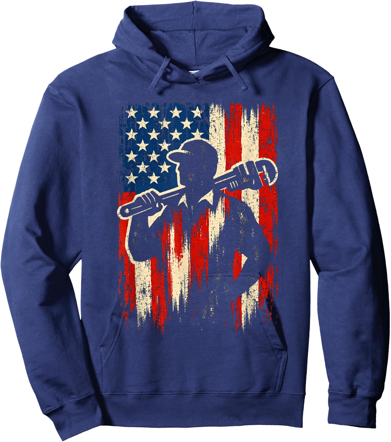 American Flag Plumber Pipefitter Silhouette Pipe Wrench Hoodie - Hoodie | Navy