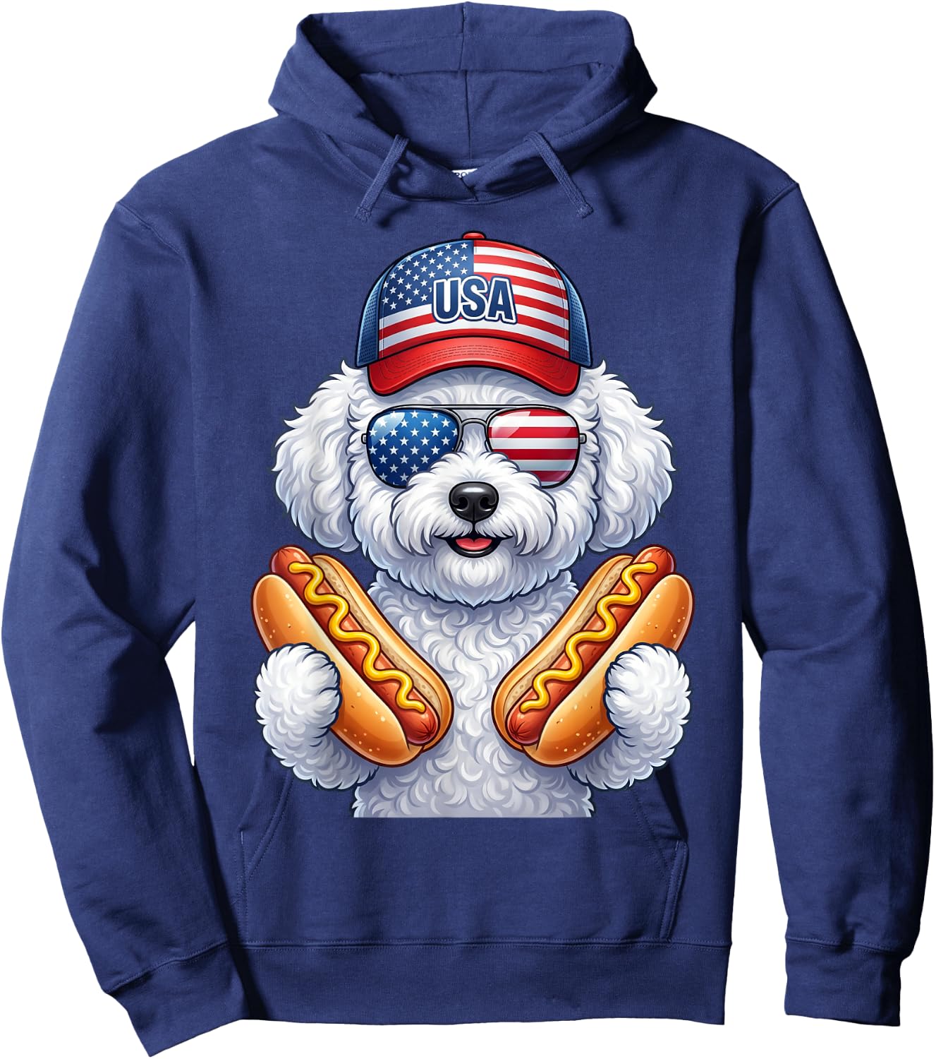 4th of July Hotdog Bichon Frise Funny Patriotic USA Flag Hoodie - Hoodie | Navy