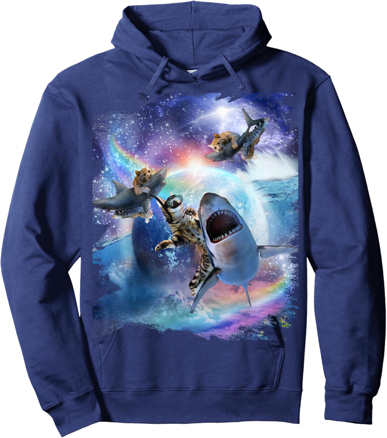 Rainbow Galaxy Cat Riding Shark in Space Hoodie - Hoodie | Navy