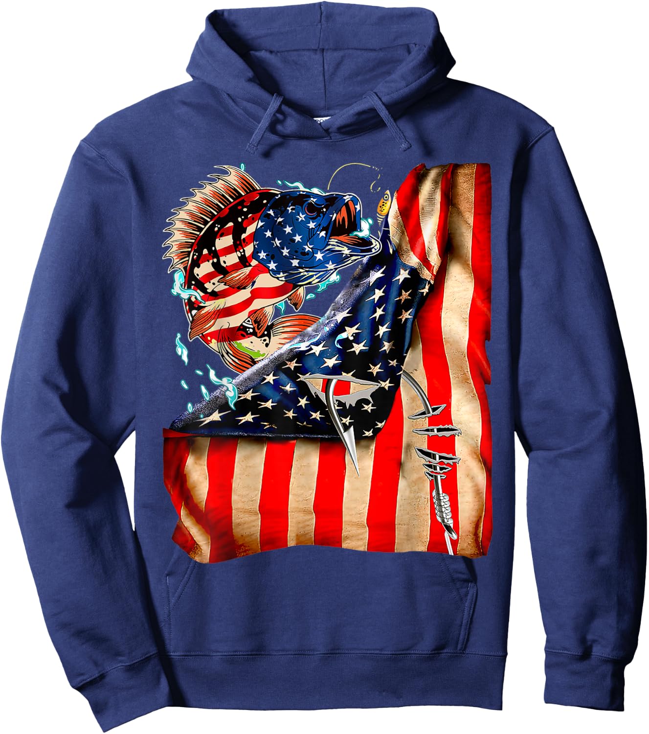 FUNNY 4th of JULY FISHING Fish American Flag ON BACK 98 Hoodie - Hoodie | Navy