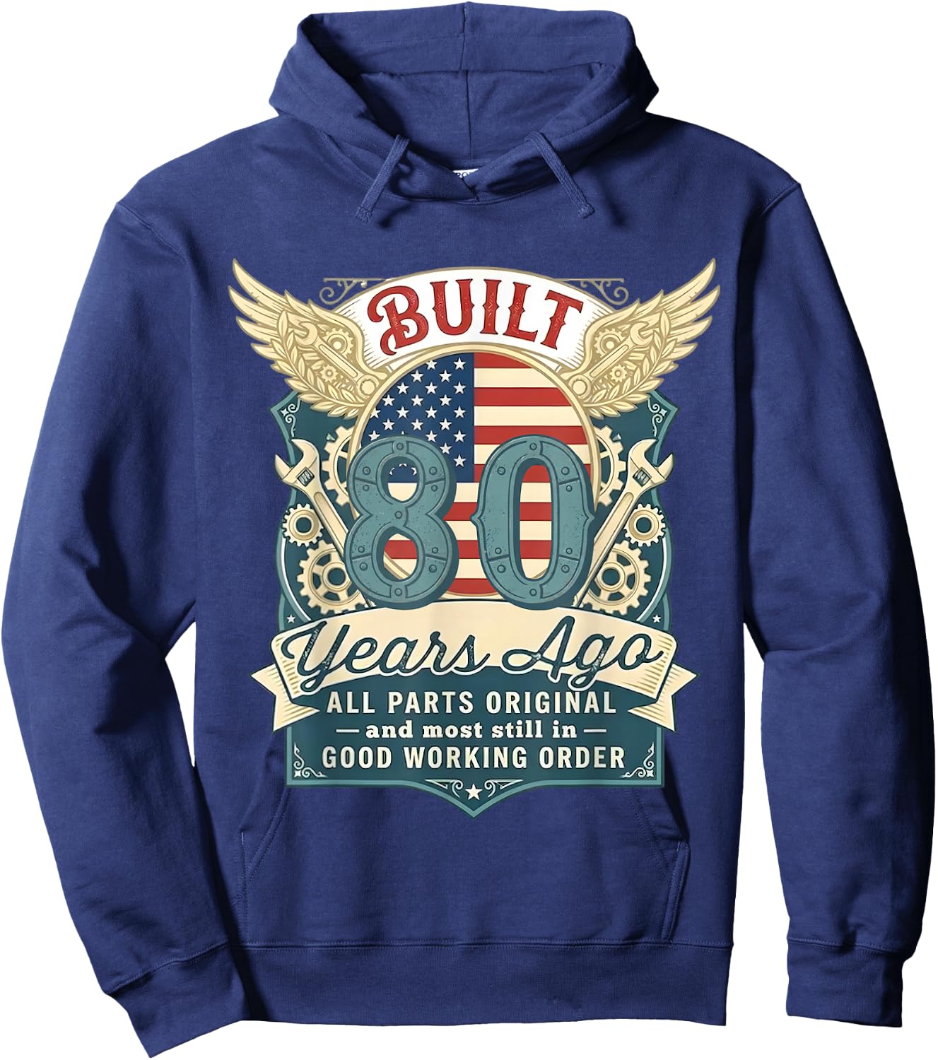 Vintage Built 80 Years Ago Funny 80th Birthday USA Flag Hoodie - Hoodie | Navy