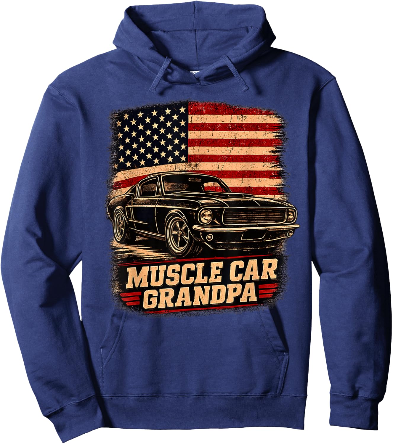 Muscle Car Grandpa Classic Car Vintage USA Flag Patriotic Hoodie - Hoodie | Navy