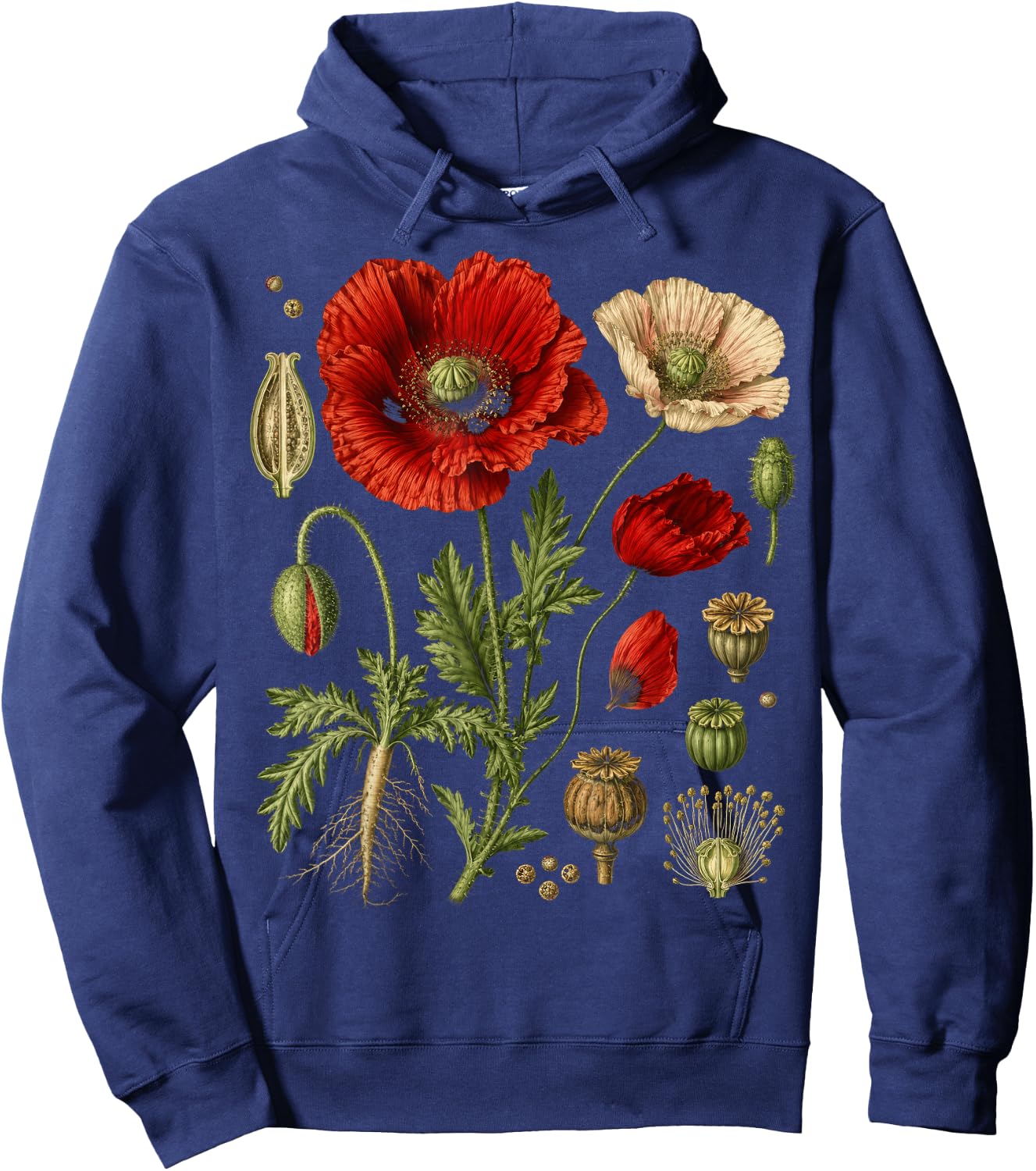 Vintage Botanical Red Poppy Flower Study Hoodie - Hoodie | Navy
