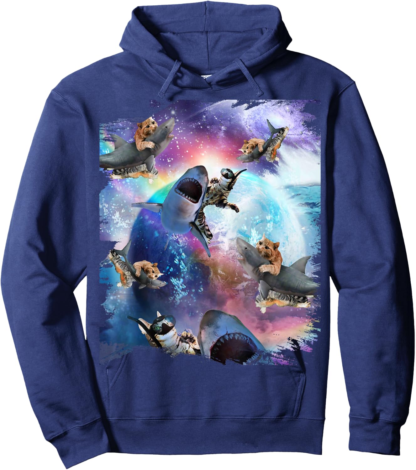 Space Cat Riding Shark Galaxy Rainbow Cats on Sharks Women Kids Hoodie - Hoodie | Navy