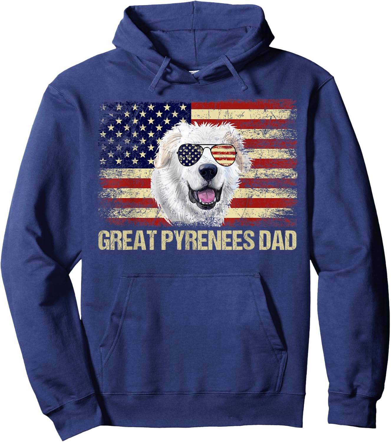 Vintage Great Pyrenees Dad American Flag USA 4th Of July Women Men Hoodie - Hoodie | Navy