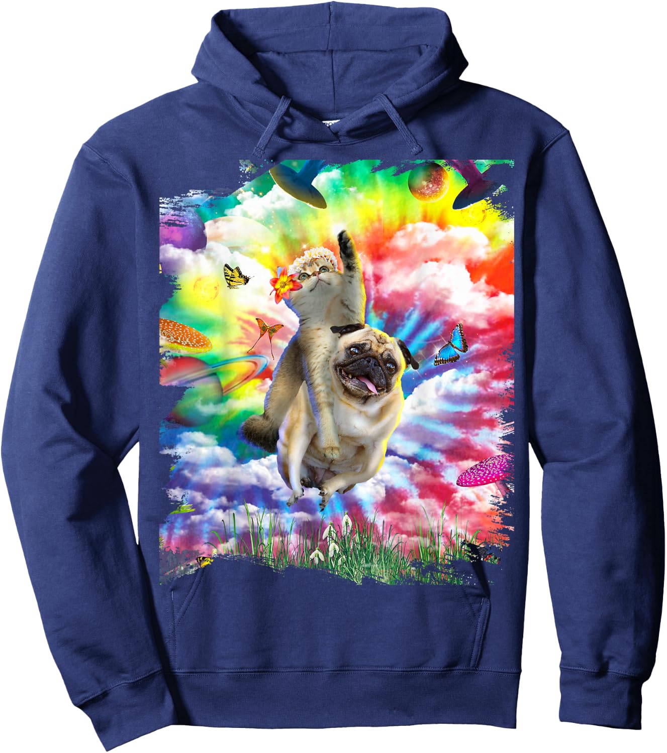 Cat Riding Pug Dog Trippy Tie Dye Men Women Girls Kids Hoodie - Hoodie | Navy