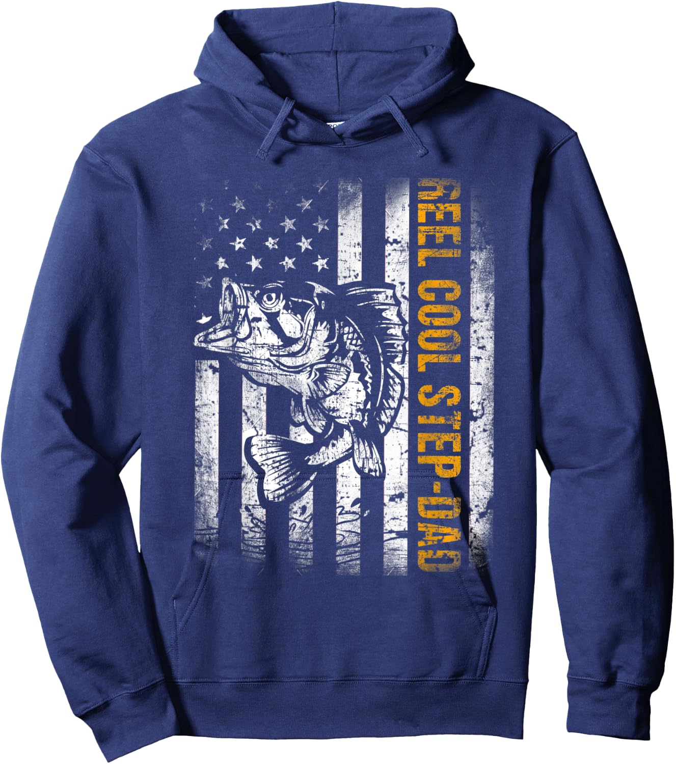 Reel Cool Step-Dad American Flag Fishing Fathers Day Hoodie - Hoodie | Navy