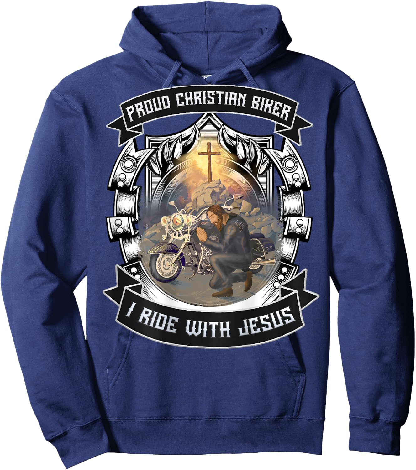Christian Biker I Ride With Jesus Artwork Motorcycle Prayer Hoodie - Hoodie | Navy