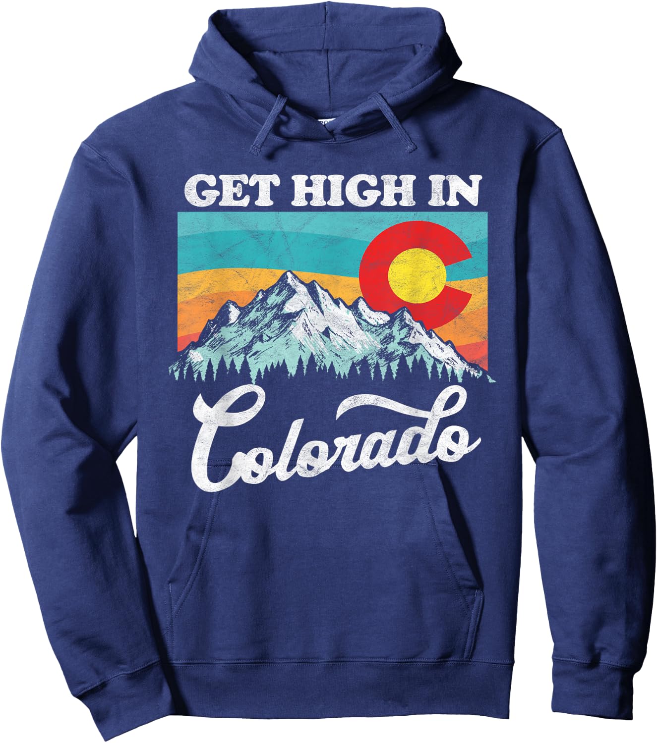 Get High in Colorado Retro State Flag Mountains Graphic Hoodie - Hoodie | Navy