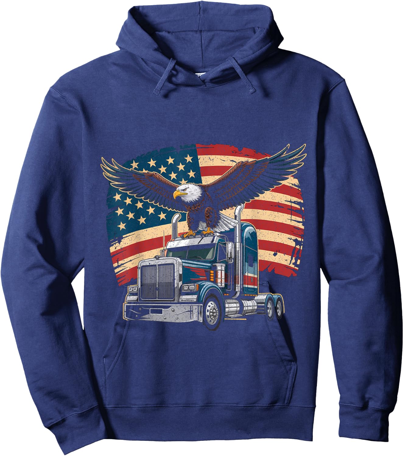 Trucker Patriotic American Flag Semi Truck Driver Eagle Hoodie - Hoodie | Navy