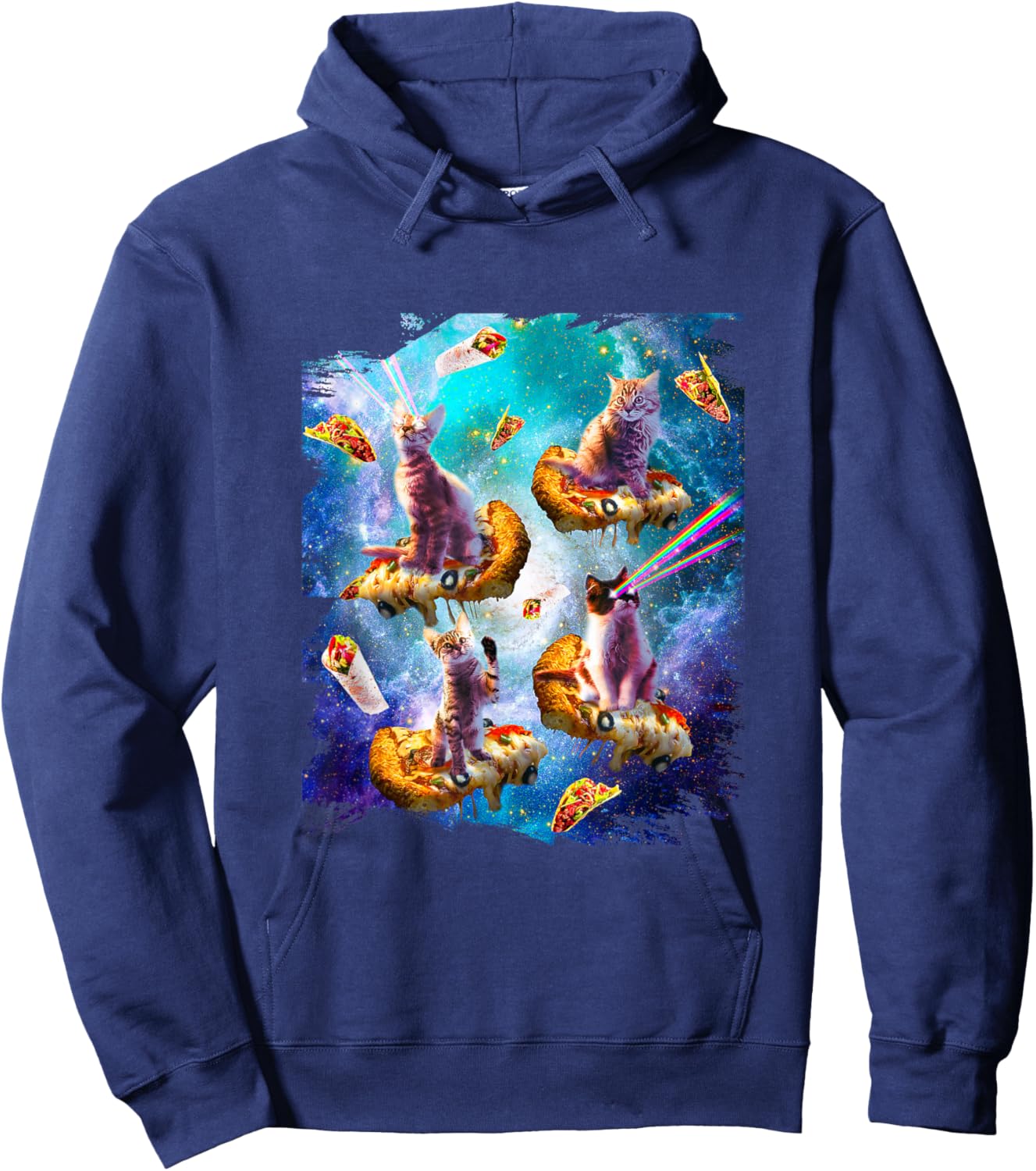 Space cats with rainbow laser eyes riding pizza Hoodie - Hoodie | Navy
