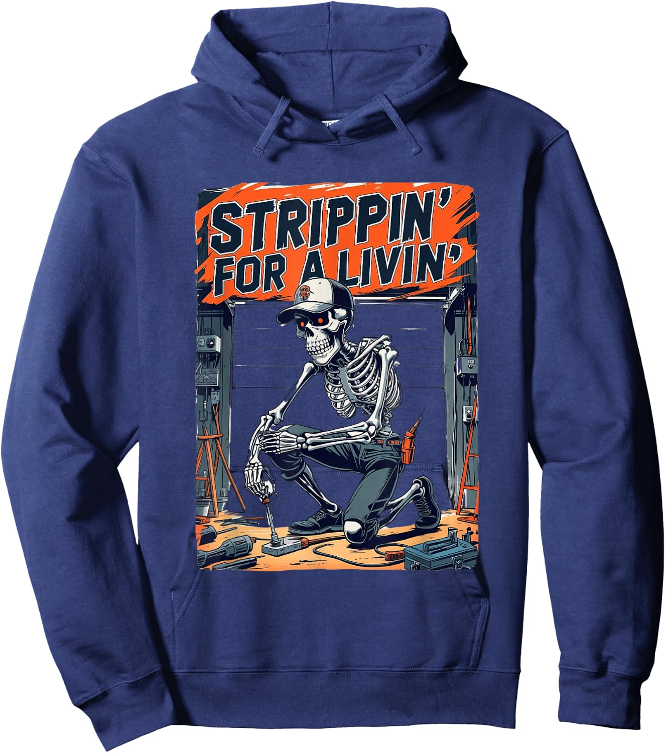 Strippin’ For A Livin’ Funny Skeleton Electrician Humor Hoodie - Hoodie | Navy