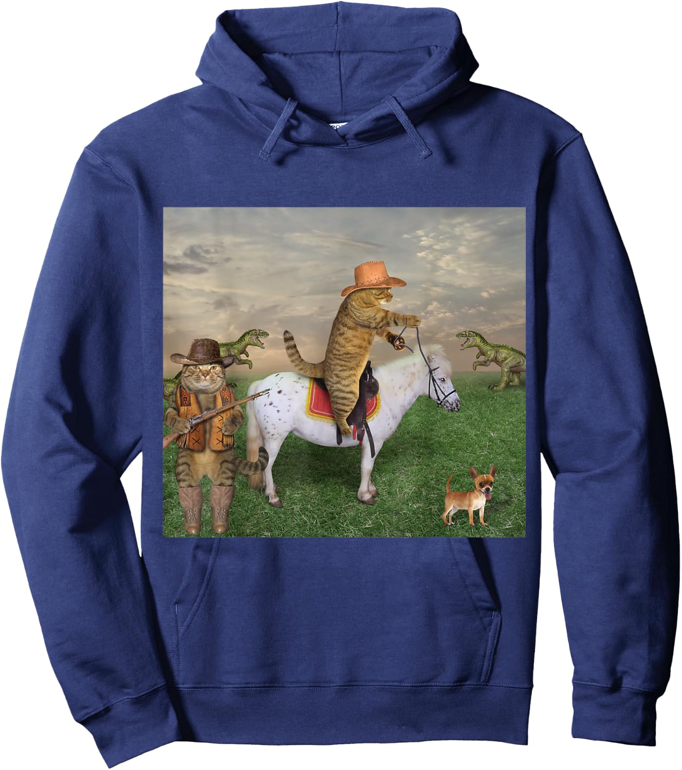 Cat on a Horse in a Cowboy Hat Dinosaurs in Background Funny Hoodie - Hoodie | Navy