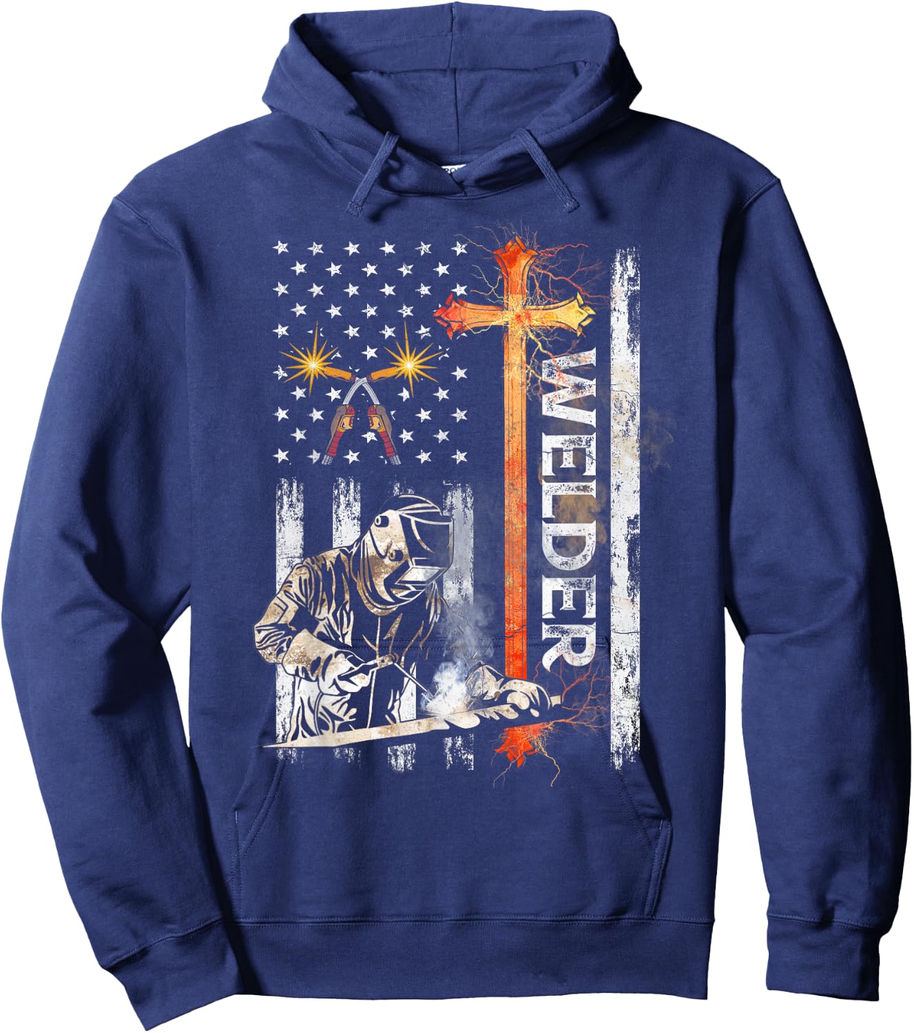Welder American Flag Welding Faith Cross Christian Hoodie - Hoodie | Navy