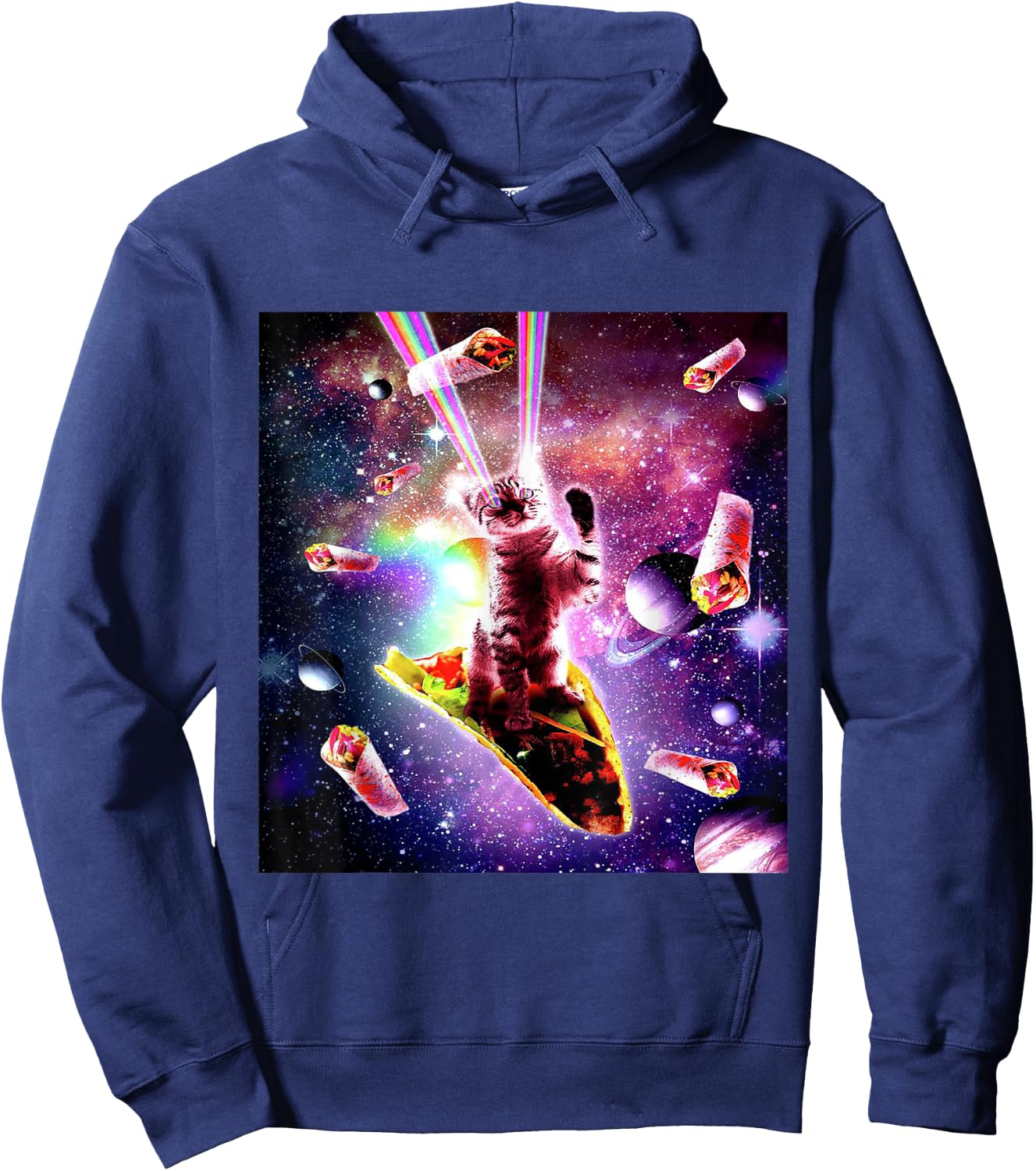 Space Cat Laser Eyes Burrito Taco Rainbow Galaxy Meme Gift Women Kids Hoodie - Hoodie | Navy