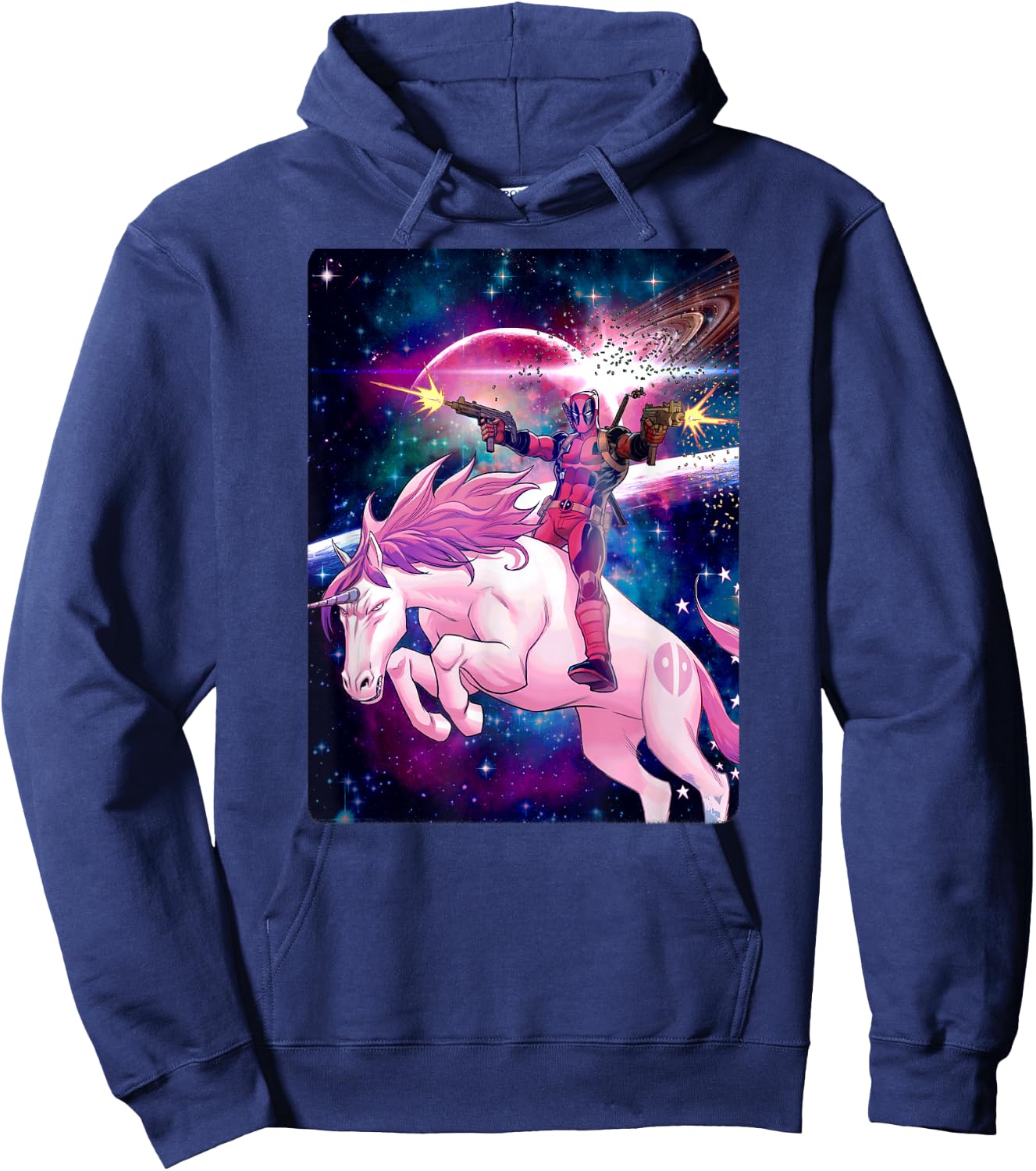 Marvel Deadpool in Space Unicorn Saddles Ablaze Hoodie - Hoodie | Navy