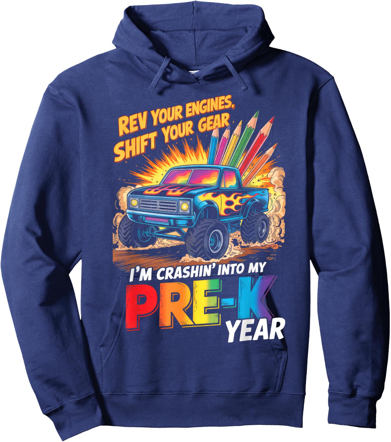 Back to School Pre-K Preschool Monster Truck First Day Boys Hoodie - Hoodie | Navy