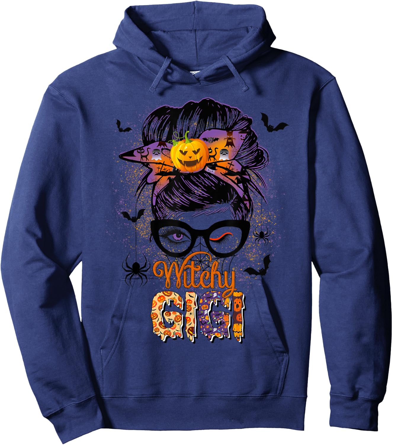 Witchy Gigi Messy Bun Spooky Witch Pumpkin Halloween Hoodie - Hoodie | Navy