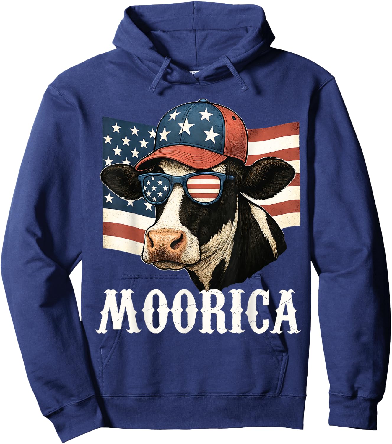 Funny Moorica 4th Of July Patriotic Cow USA Flag Farmer Hoodie - Hoodie | Navy