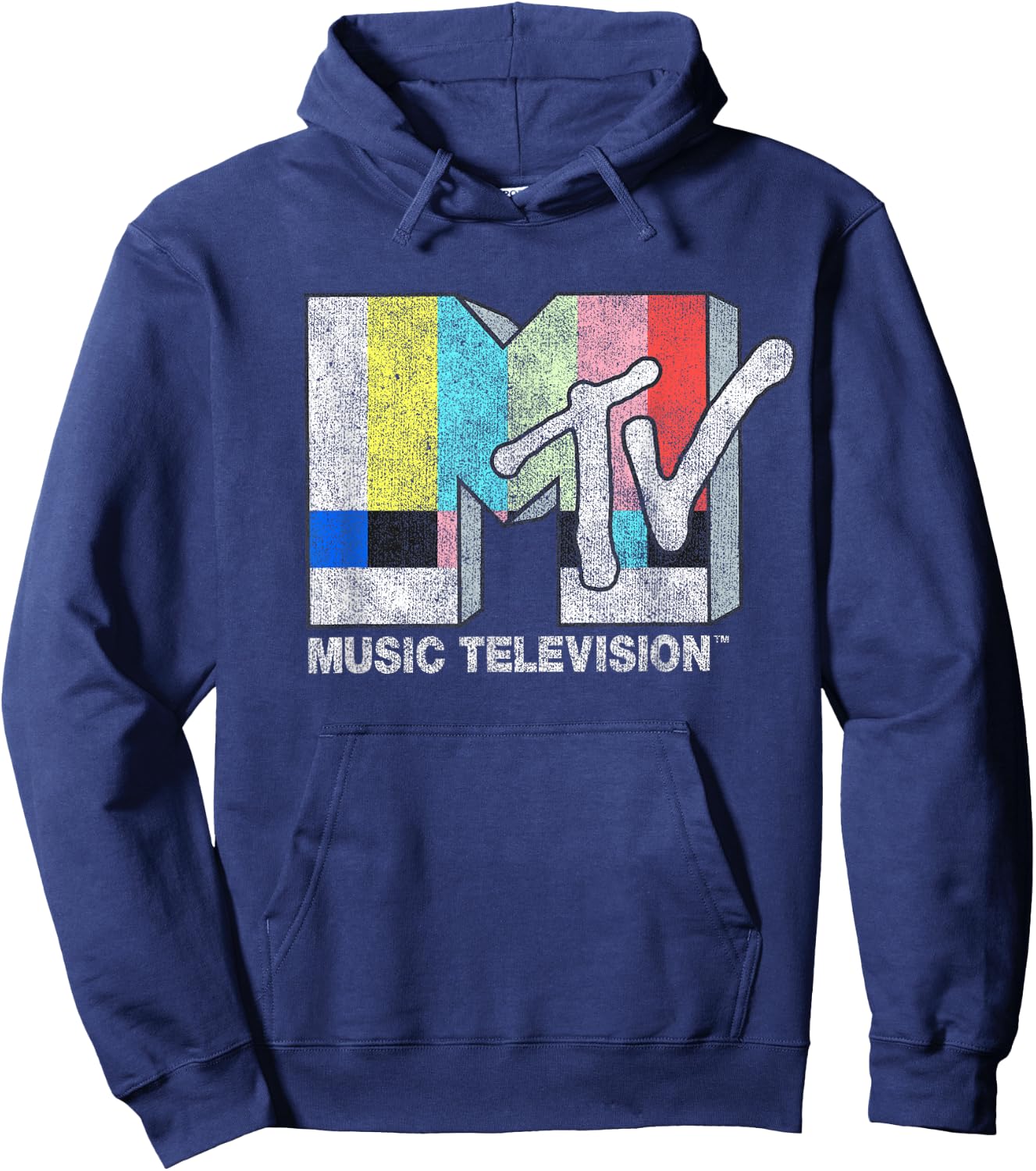 MTV Classic Fit Black - Vintage TV Signal Logo, 100% Cotton, Adult Short Sleeve Hoodie - Hoodie | Navy
