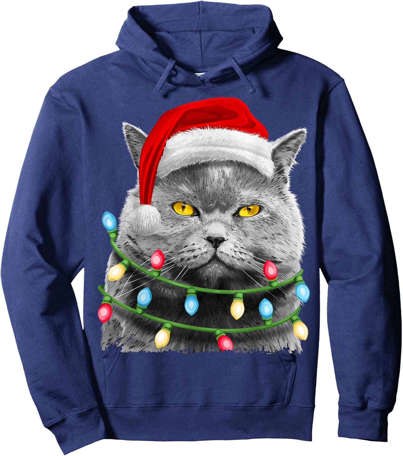 Cat Santa Christmas Tree Lights Xmas Girls Boys Meowy Catmas Hoodie - Hoodie | Navy