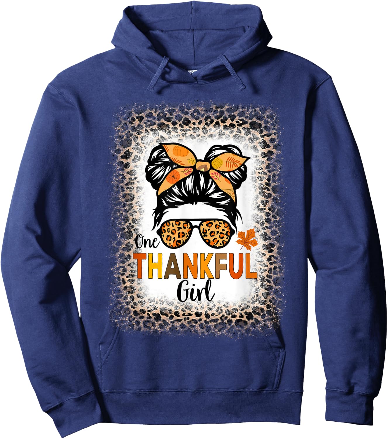 One Thankful Girl Thanksgiving Messy Bun Leopard Bleached Hoodie - Hoodie | Navy