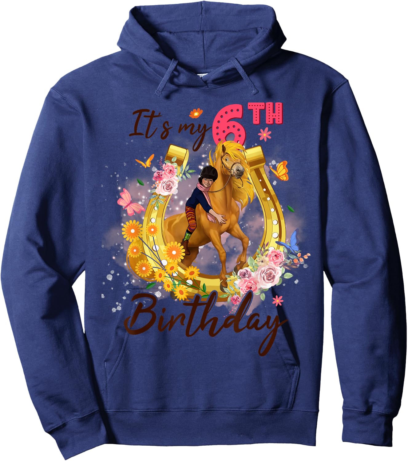Kids Six Year Old 6th Birthday Girl Who Loves Horses Riding Hoodie - Hoodie | Navy