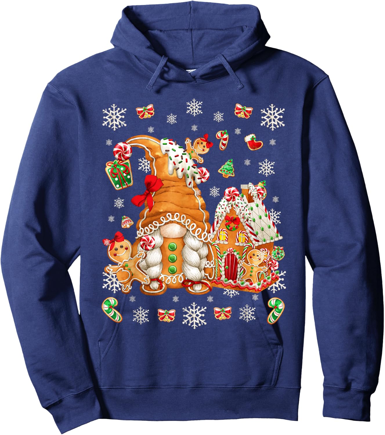 Cute Gingerbread House Decor with Christmas Gnome Hoodie - Hoodie | Navy