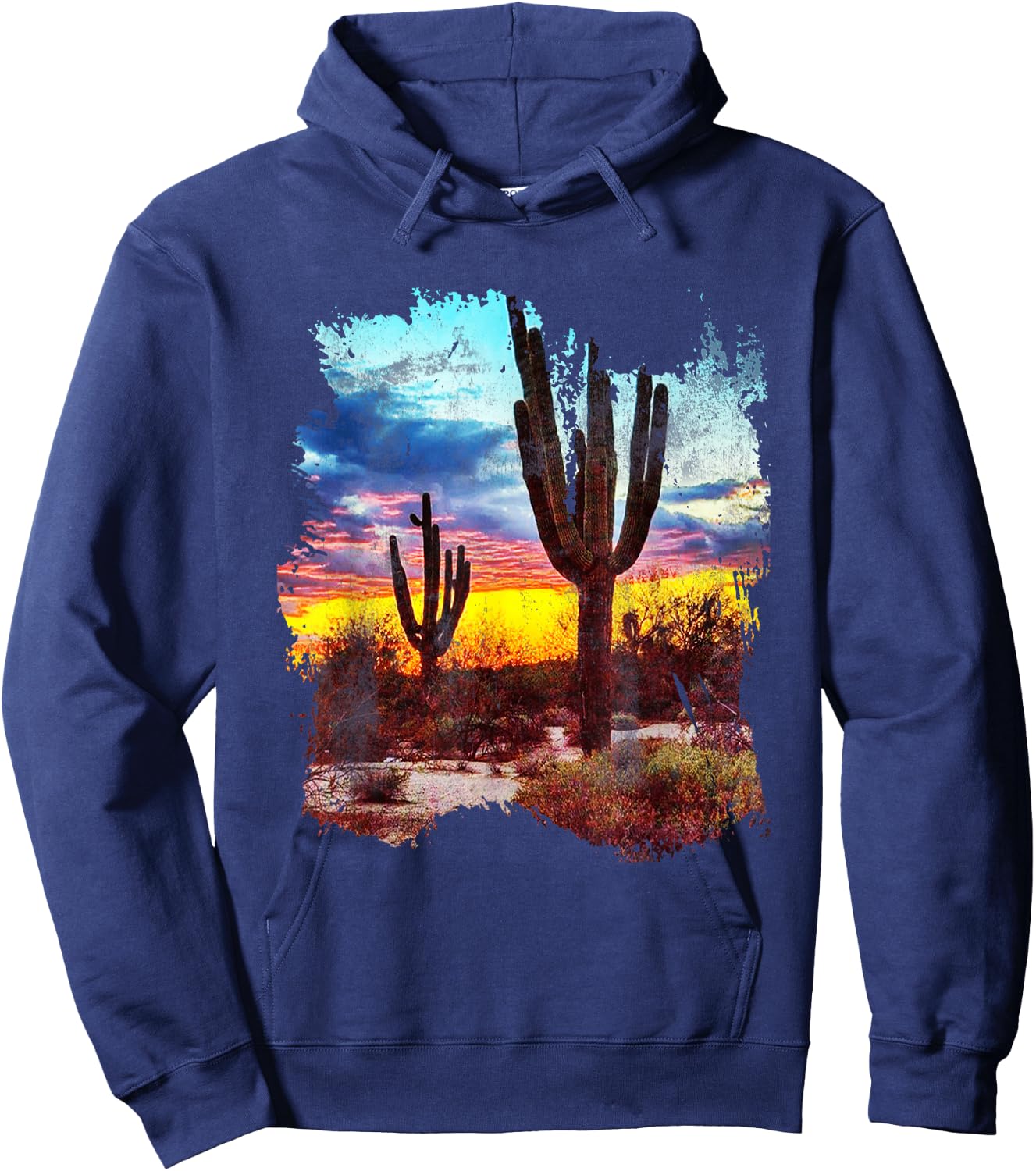 Southwest Desert Cactus Vintage Sunset Scene 80's Western Hoodie - Hoodie | Navy